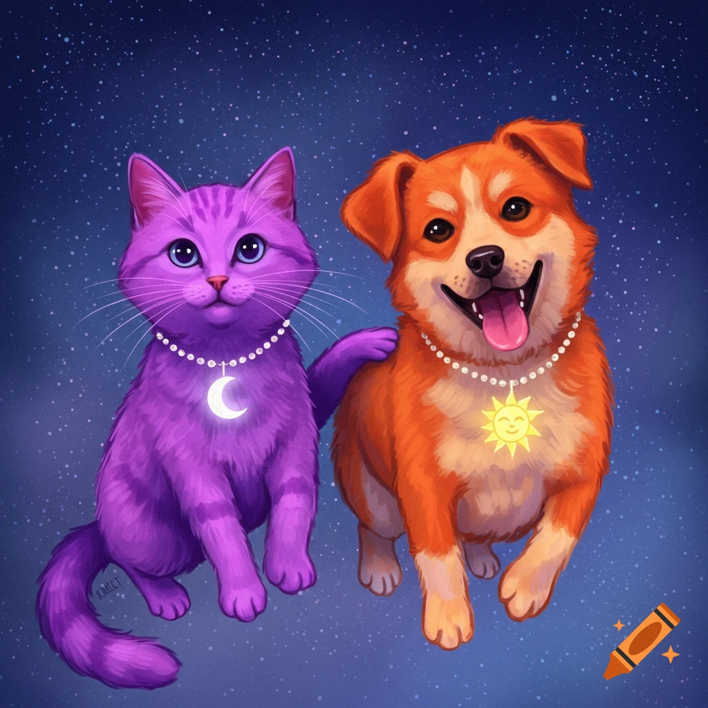 Illustration of a purple cat with a moon necklace and an orange dog with a sun necklace floating in a starry space.