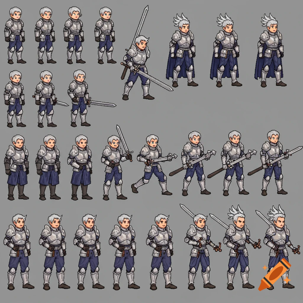 Pixel art sprite sheet of a white-haired male fantasy character in armor.