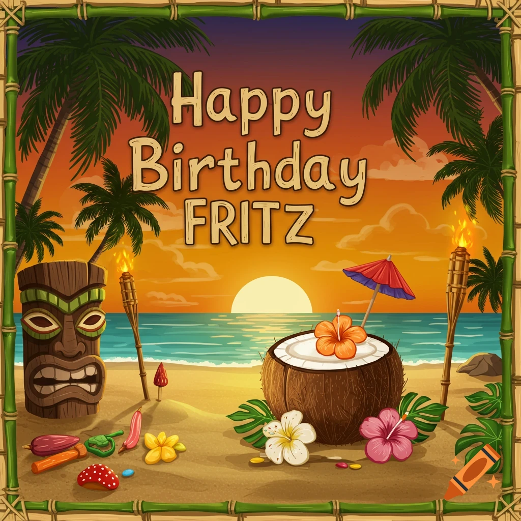 Illustrated birthday card with Happy Birthday FRITZ text on a beach at sunset with palm trees, tiki mask, and coconut.