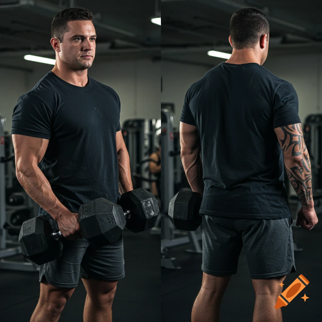 Front and back view of a muscular man holding a dumbbell in a gym.