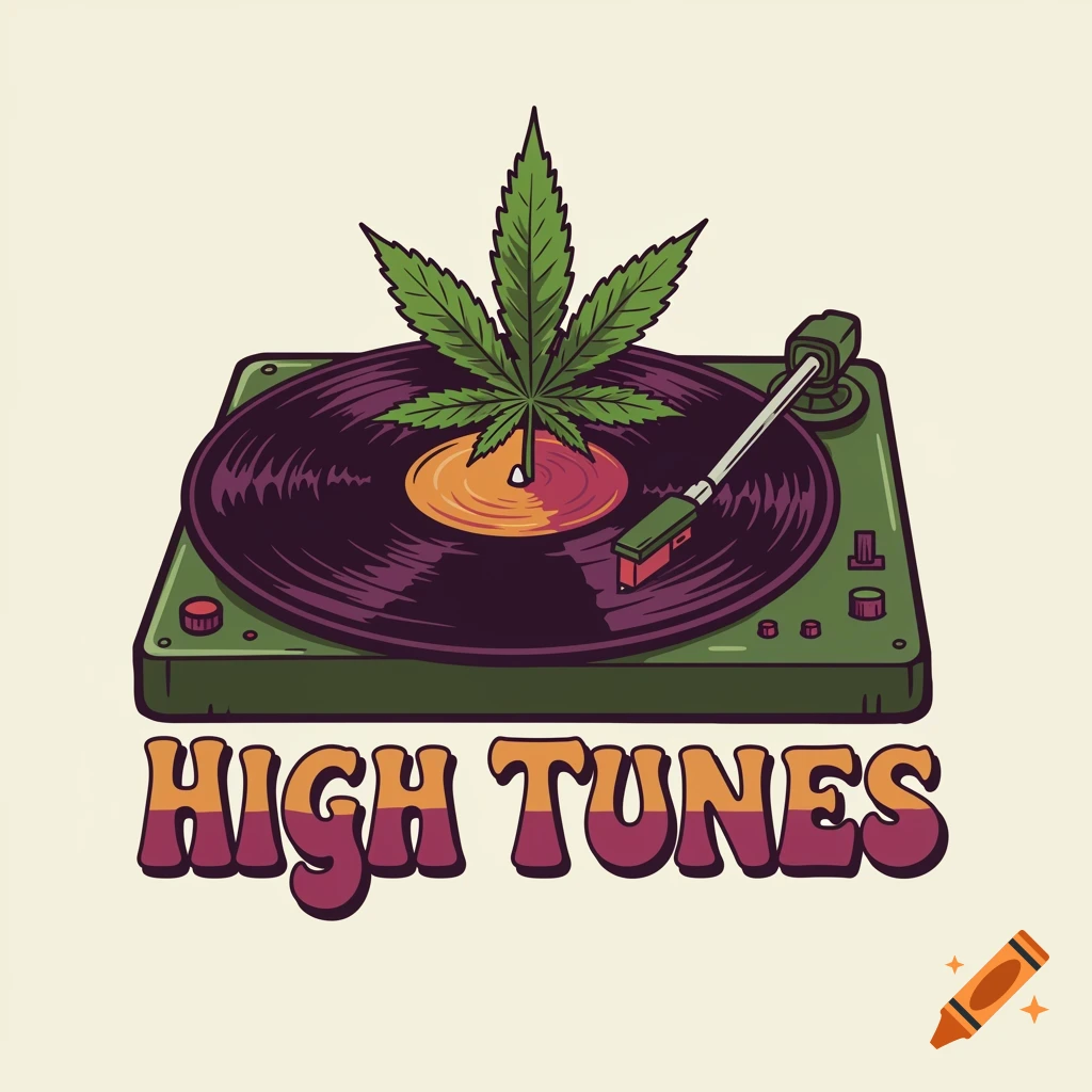 Illustration of a cannabis leaf on a record player with 'HIGH TUNES'.