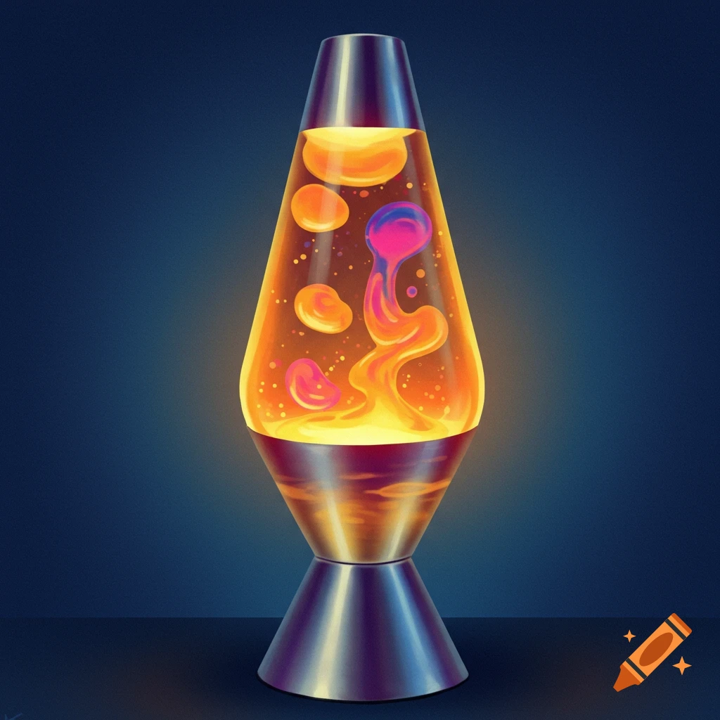 An illustration of a lava lamp with orange and pink bubbles inside, set against a dark blue background.