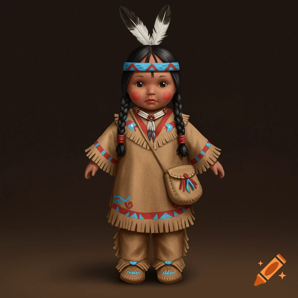 A doll of a young Native American child, dressed in traditional fringed clothing, moccasins, and a headband with feathers, holding a small pouch.