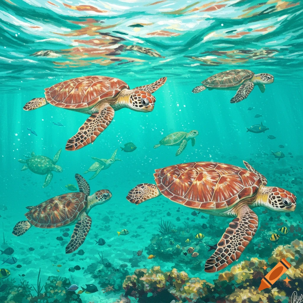 Several turtles swim among fish and coral in clear blue water, illustrated style.