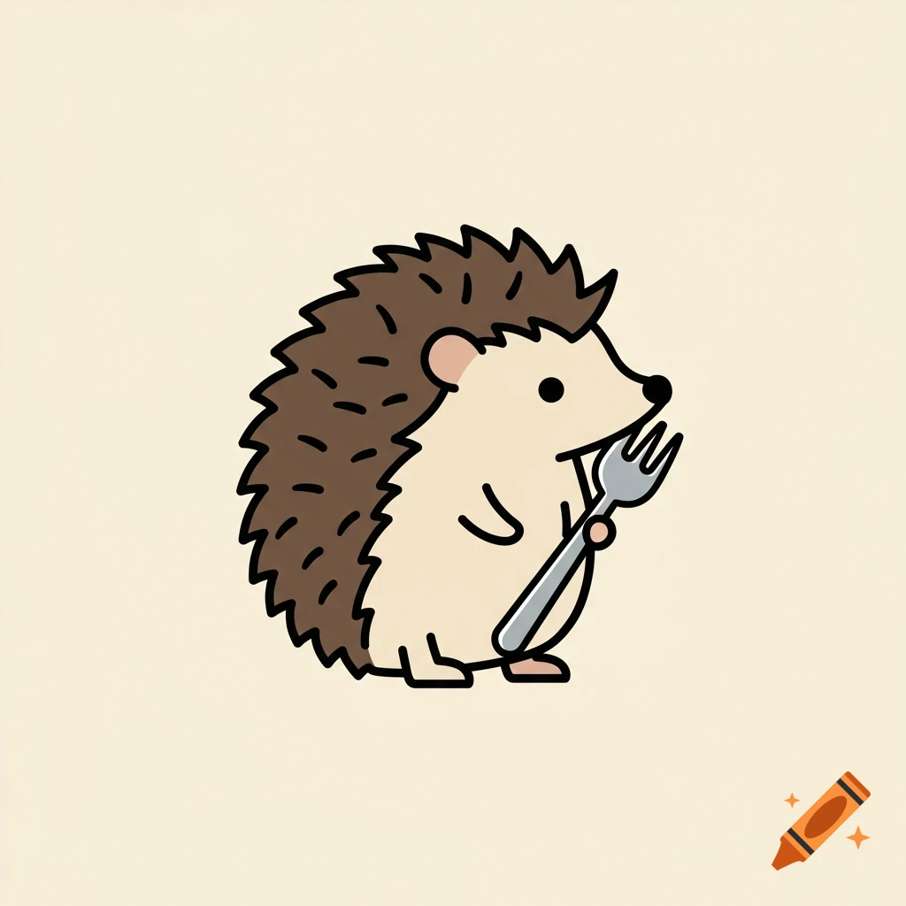 Cute cartoon illustration of a hedgehog holding a fork.