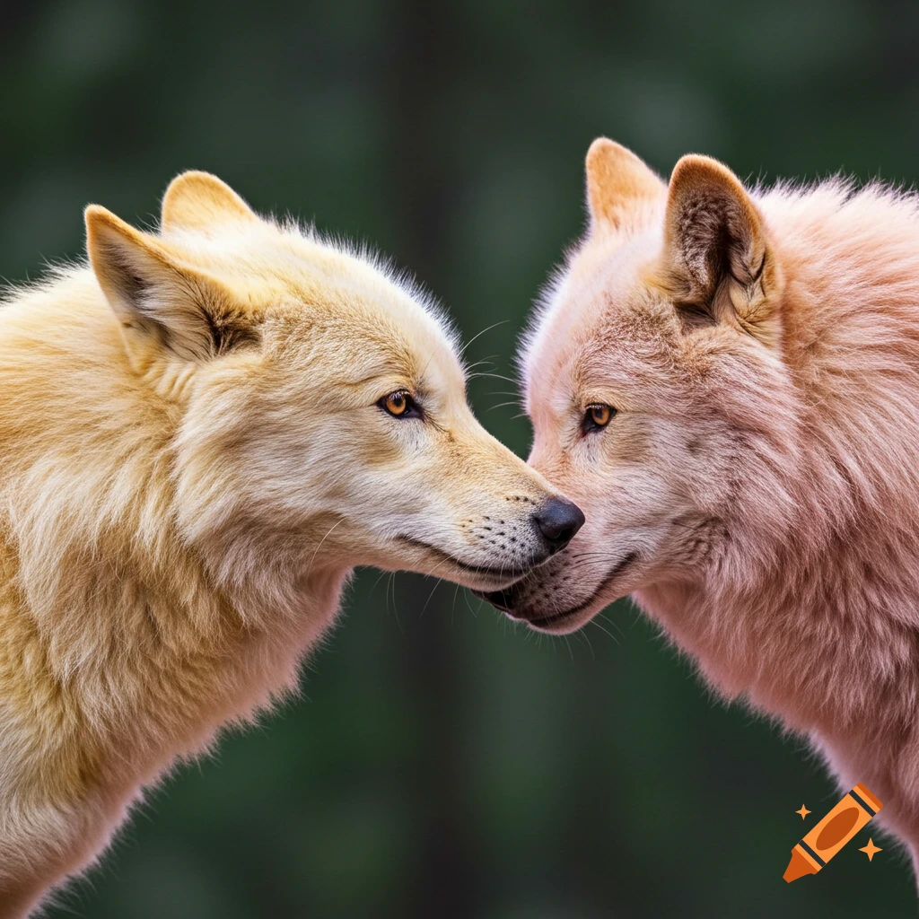 Two wolves, one with yellowish fur and one with pinkish fur, touch noses.