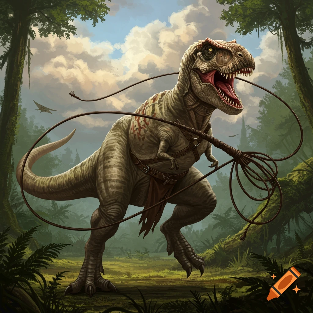 Illustration of a T-Rex wielding a whip in a lush jungle.