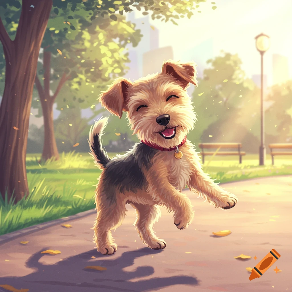 Happy cartoon dog running in a sunny park