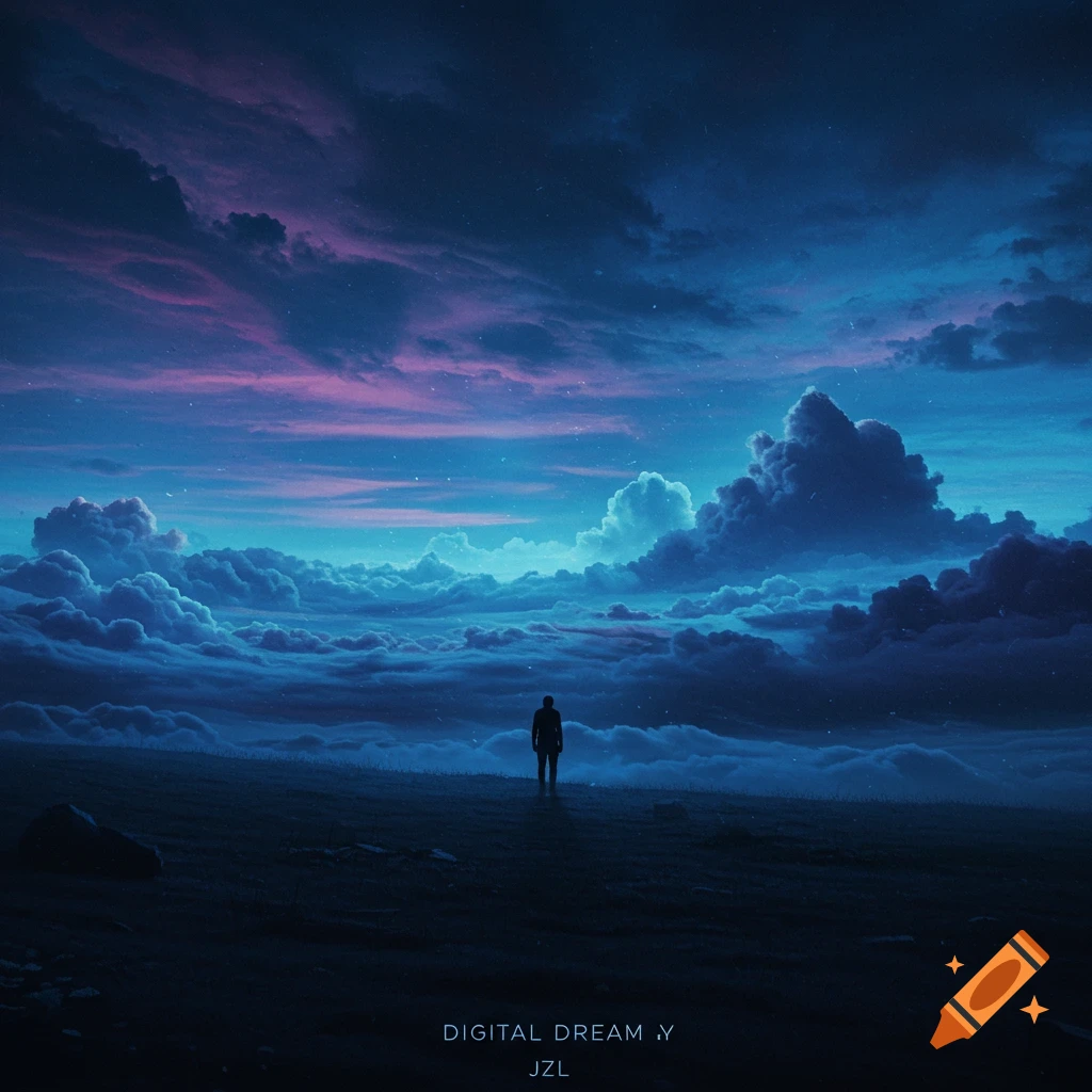 A silhouette figure stands on a hill looking at a purple and blue cloudy sky at dusk.