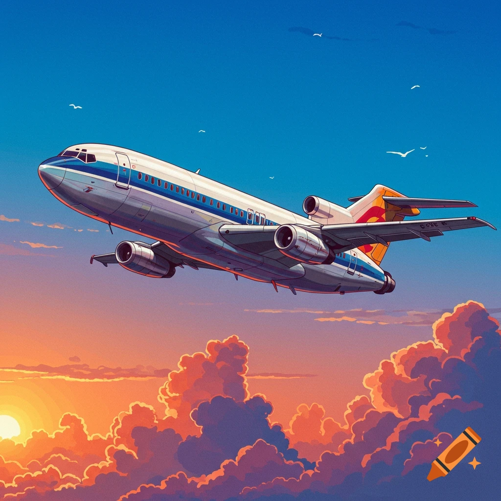 Illustration of an airplane flying through clouds at sunset.