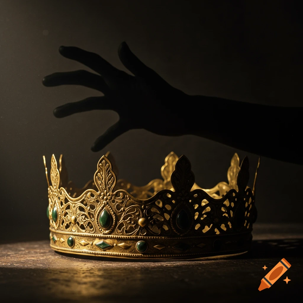 Dramatic photo of a golden crown with green gems on a table, with a shadowy hand reaching from above.