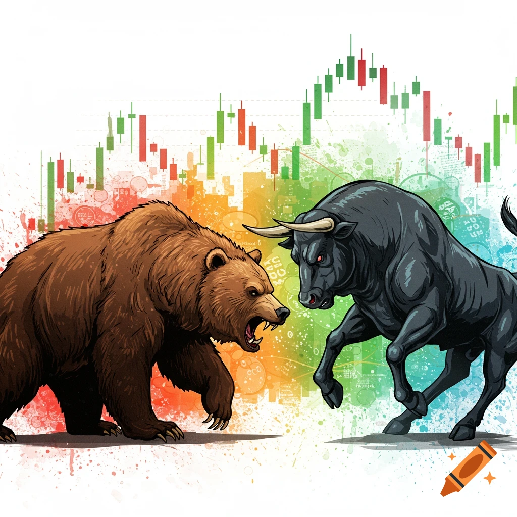 A brown bear and a black bull face off in front of a stock market chart.