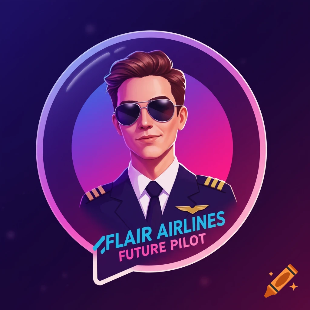 Cartoon portrait sticker of a male pilot in sunglasses with text 'Flair Airlines Future Pilot'.