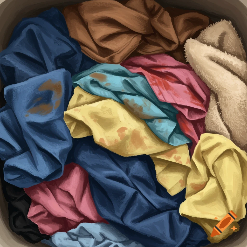 A pile of crumpled, dirty clothes in various colors, rendered in an illustrative style.