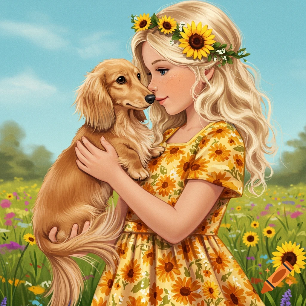 Illustration of a blonde girl holding a dachshund in a field of flowers.