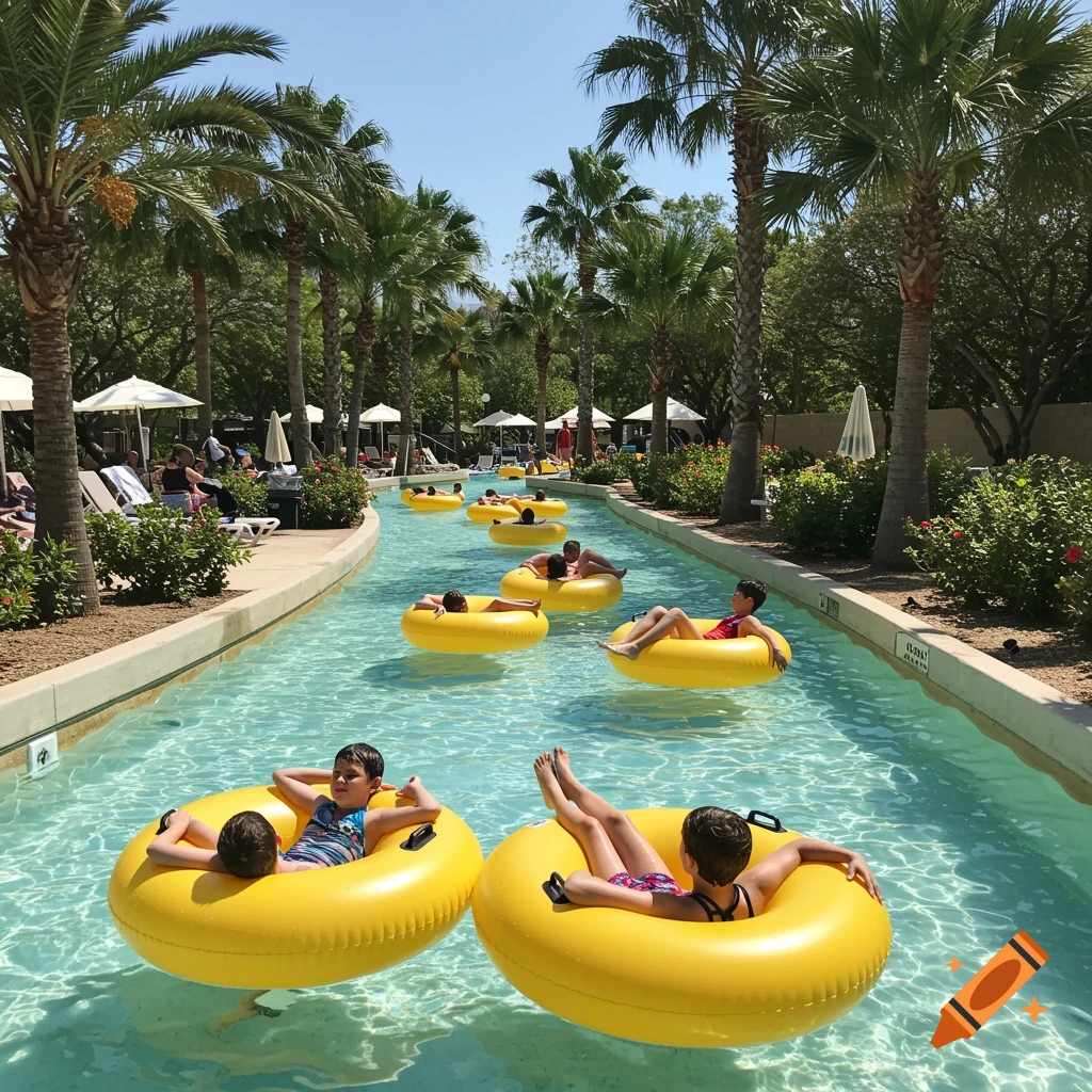 Kids float on yellow tubes in a sunny lazy river lined with palm trees.