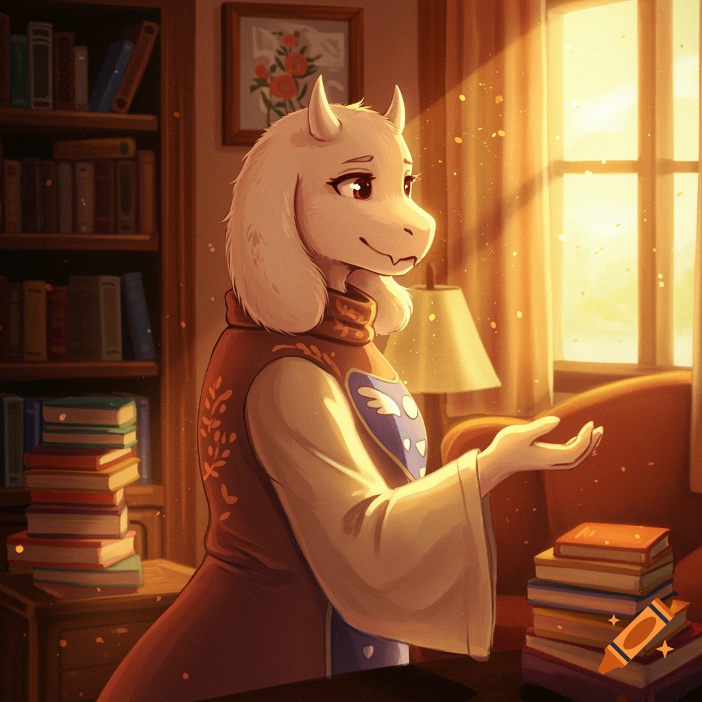 Illustrative fantasy art of Toriel from Undertale in a sunlit library.