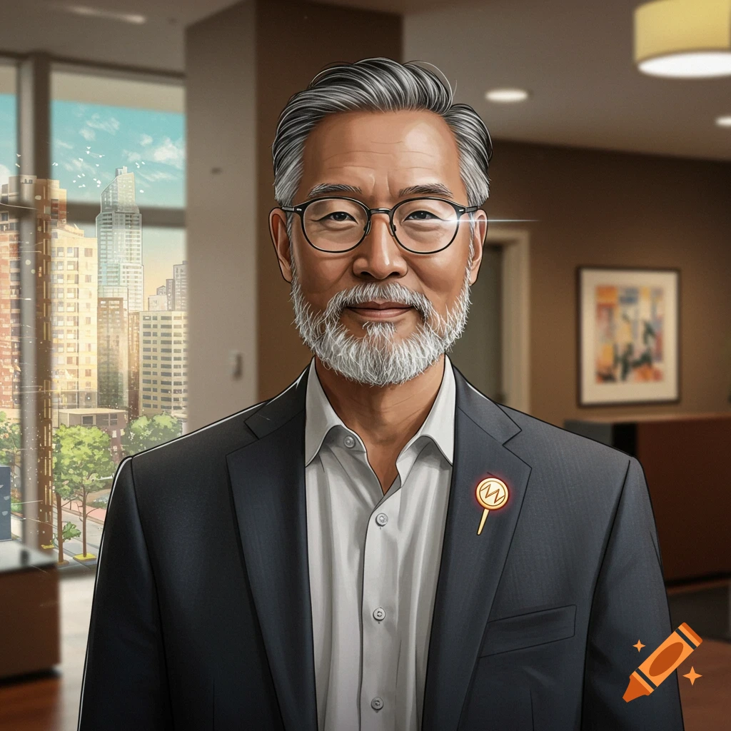 Portrait of a distinguished man in a suit and glasses in an office with a city view.