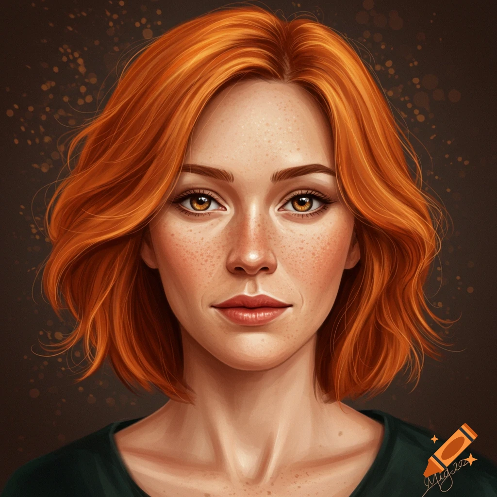 Illustration portrait of a red-haired woman with freckles and amber eyes.