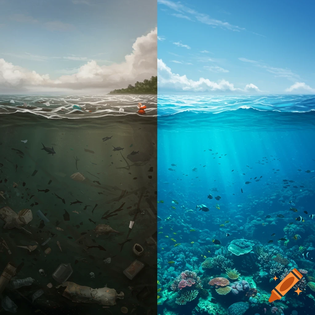 Split image showing a polluted ocean with debris on the left and a clean ocean with coral reef and fish on the right, illustrated.