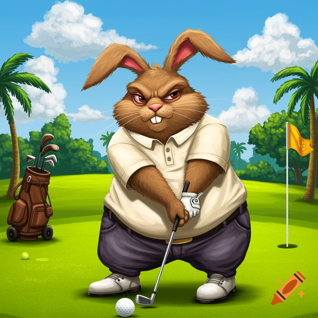 A cartoon brown bunny with a tough expression plays golf on a green course with palm trees and clouds.