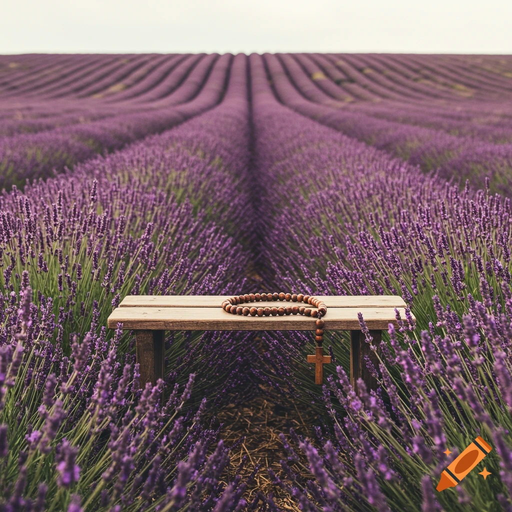 A rosary on a wooden bench in a field of purple lavender