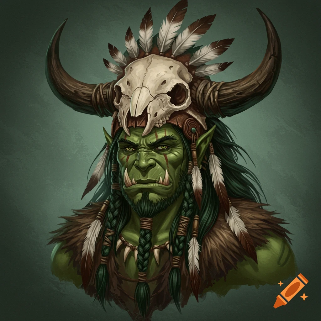 Portrait of a green-skinned orc wearing a skull and feather headdress