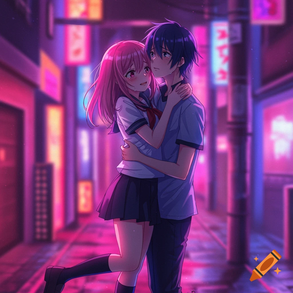 Anime couple hugging in a neon-lit street at night.