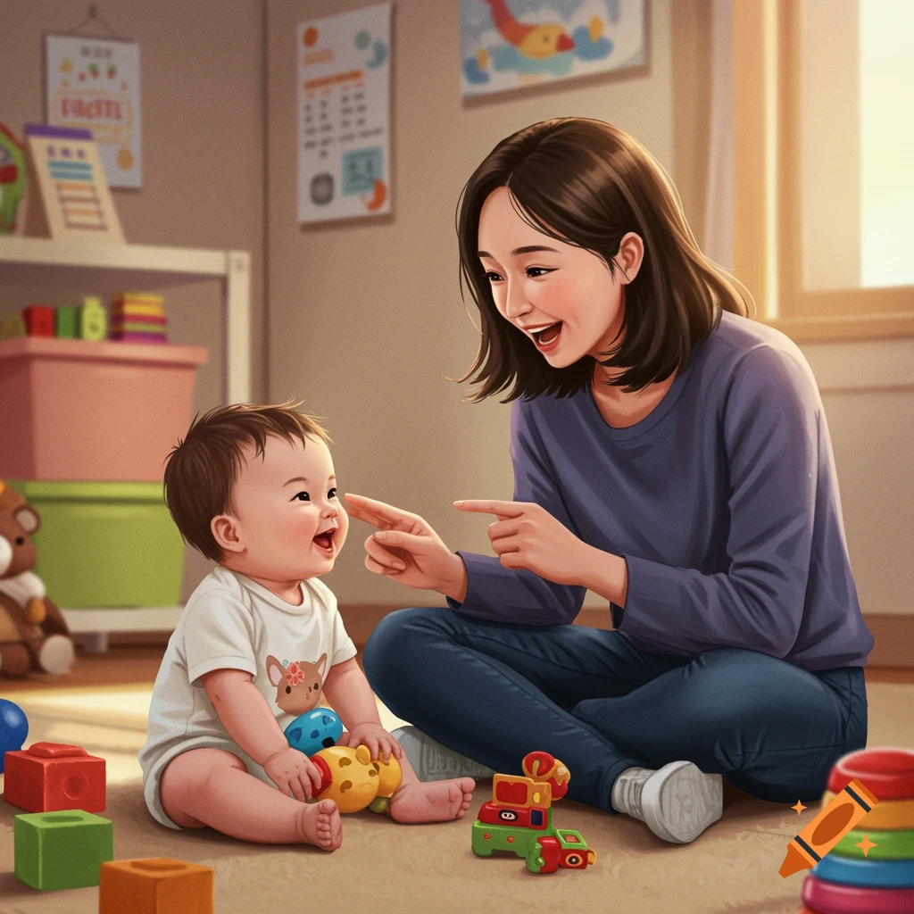 Mother playing with baby surrounded by toys in a bright room