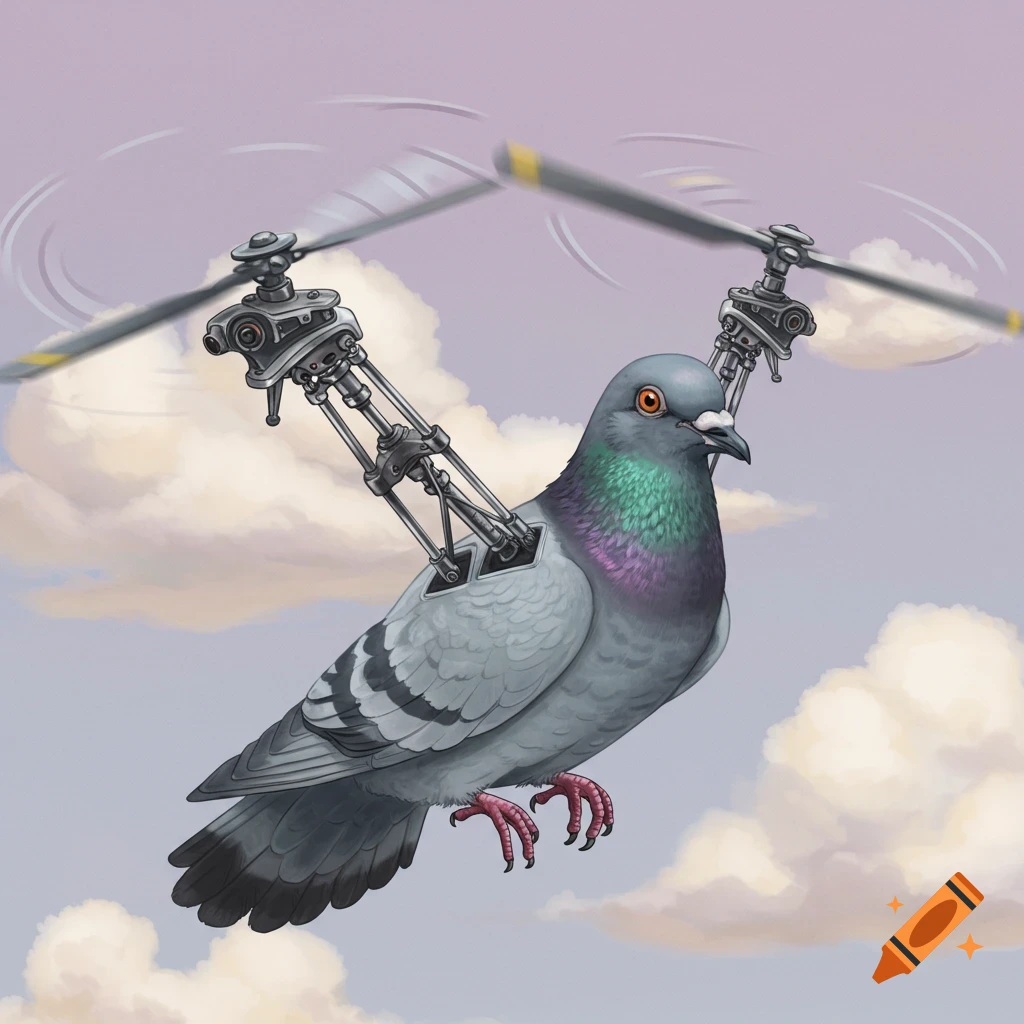 Illustration of a pigeon with helicopter rotors attached flying in a cloudy sky.