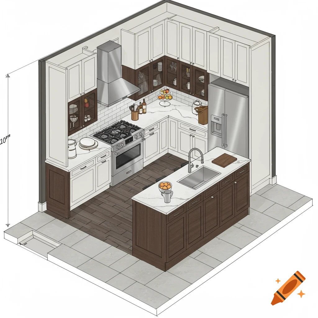 Isometric view of an L-shaped kitchen layout diagram.