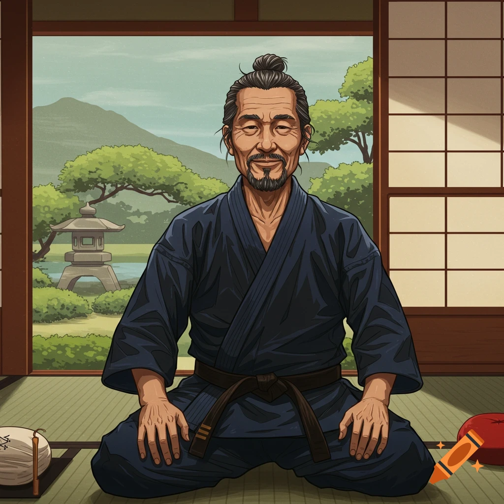 Illustration of a sensei in a black gi and brown belt, seated in a traditional Japanese room overlooking a garden.