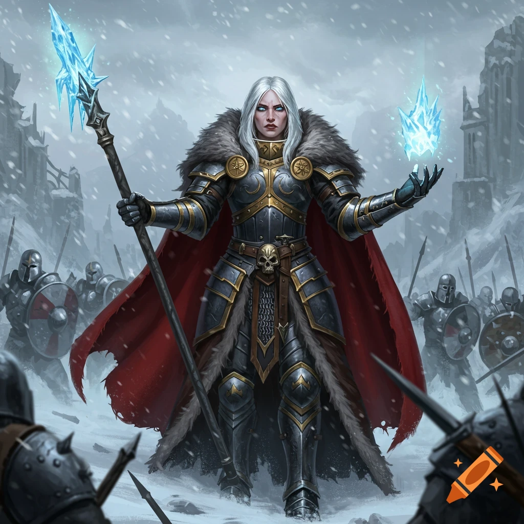 Fantasy illustration of a female warrior in ornate armor with white hair holding an ice spear and ice magic, standing in snow with soldiers.