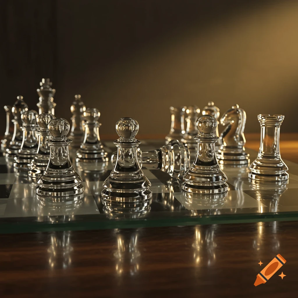 Glass chess pieces on a board with some pieces fallen.