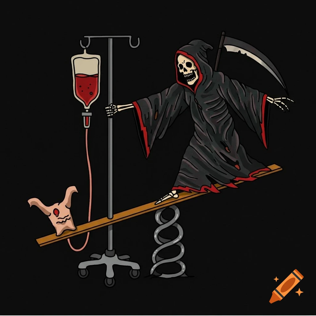 Cartoon illustration of the Grim Reaper balancing on a seesaw with an IV pole and a small creature.