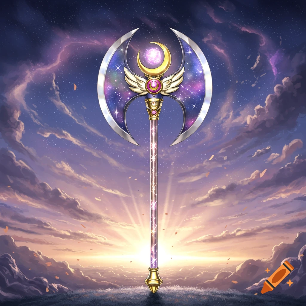 A fantasy great axe styled like a Sailor Moon wand, featuring a crescent moon and wings, against a sunset sky with stars and clouds.