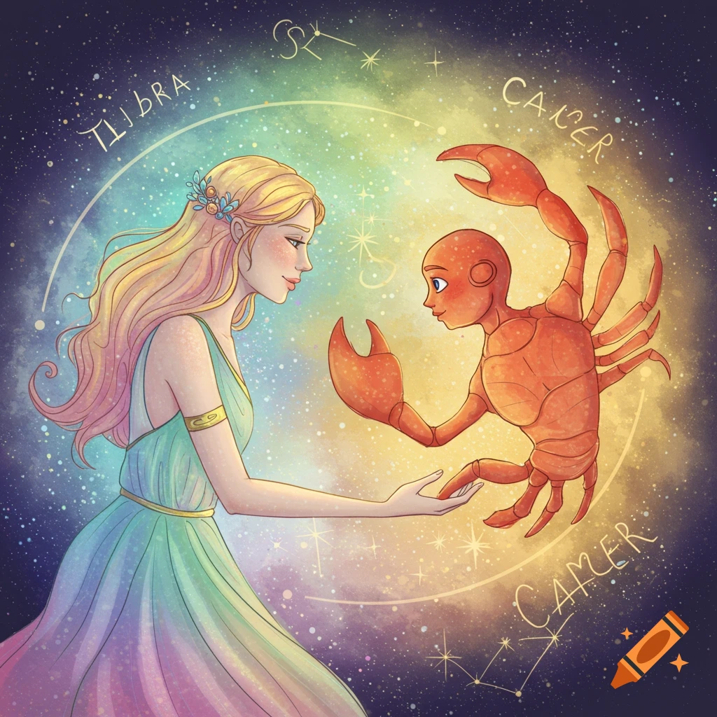 Stylized illustration of a woman (Libra) interacting with a crab creature (Cancer) against a galaxy background with constellations.