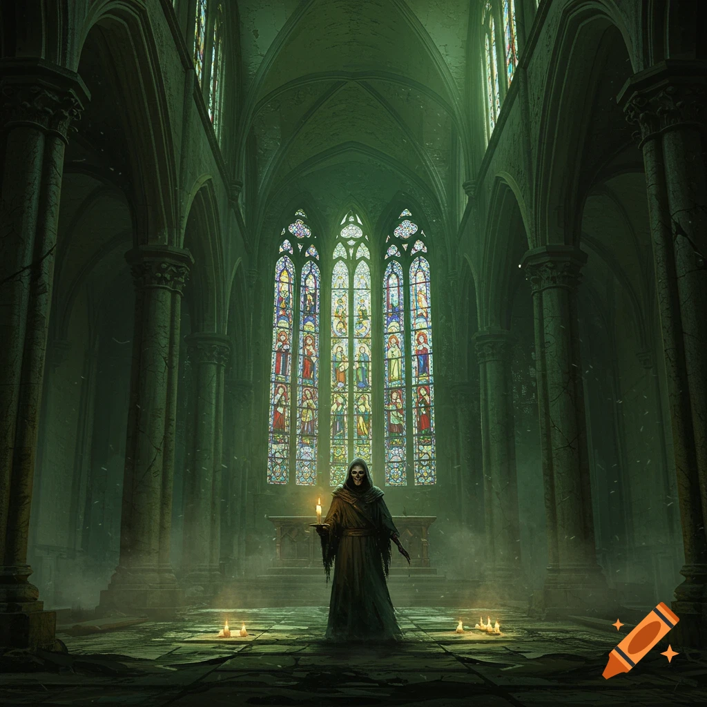 Skeletal figure in a robe holding a candle in a dark gothic cathedral with stained glass windows.