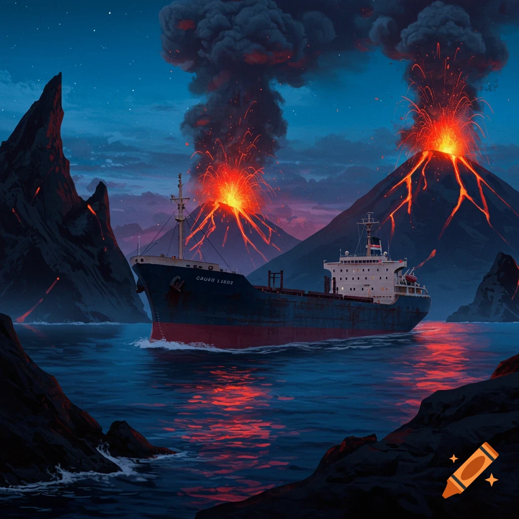 A cargo ship sails on the sea past erupting volcanoes at night.