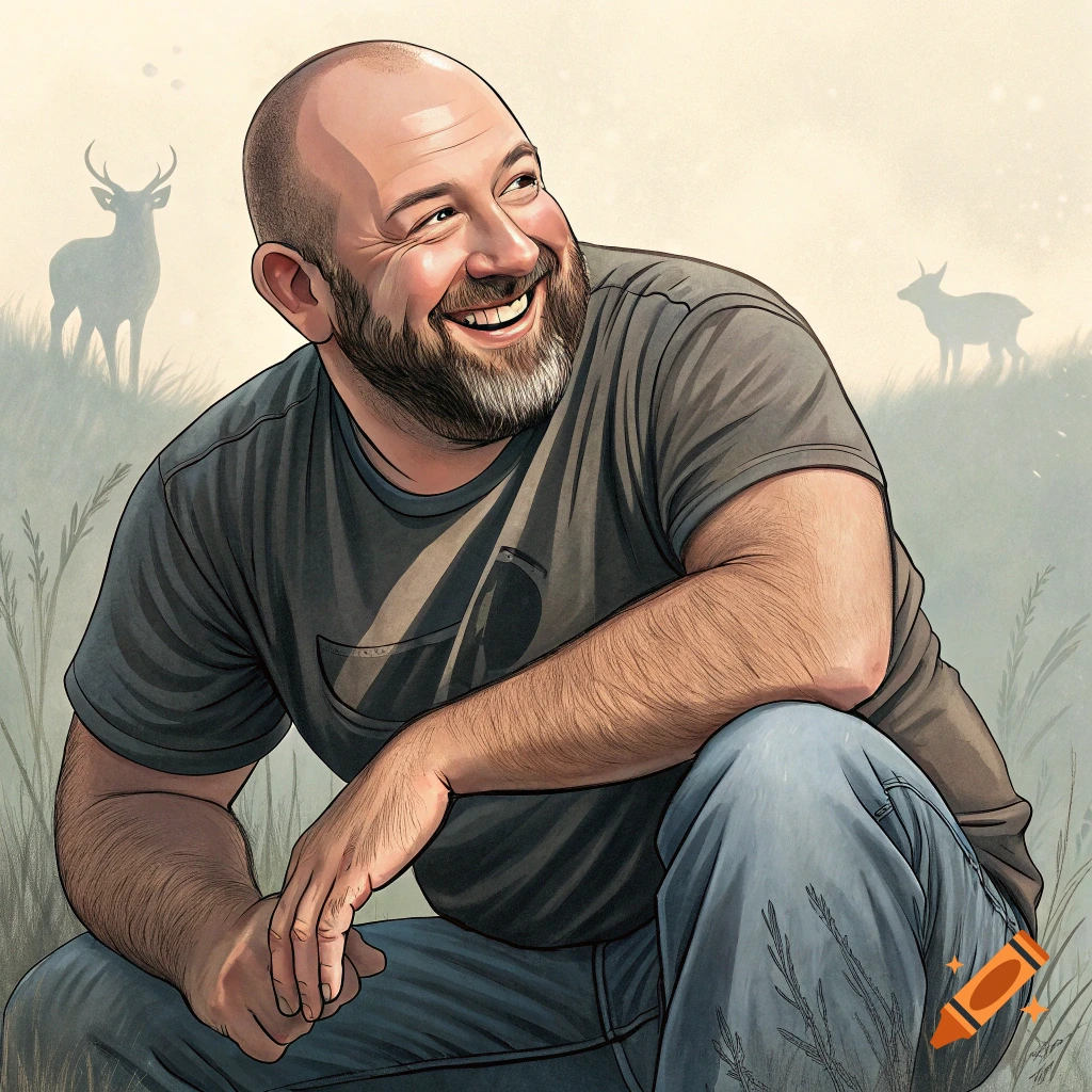 Illustrative portrait of Burt Kreischer crouching in grass with deer silhouettes in the background.