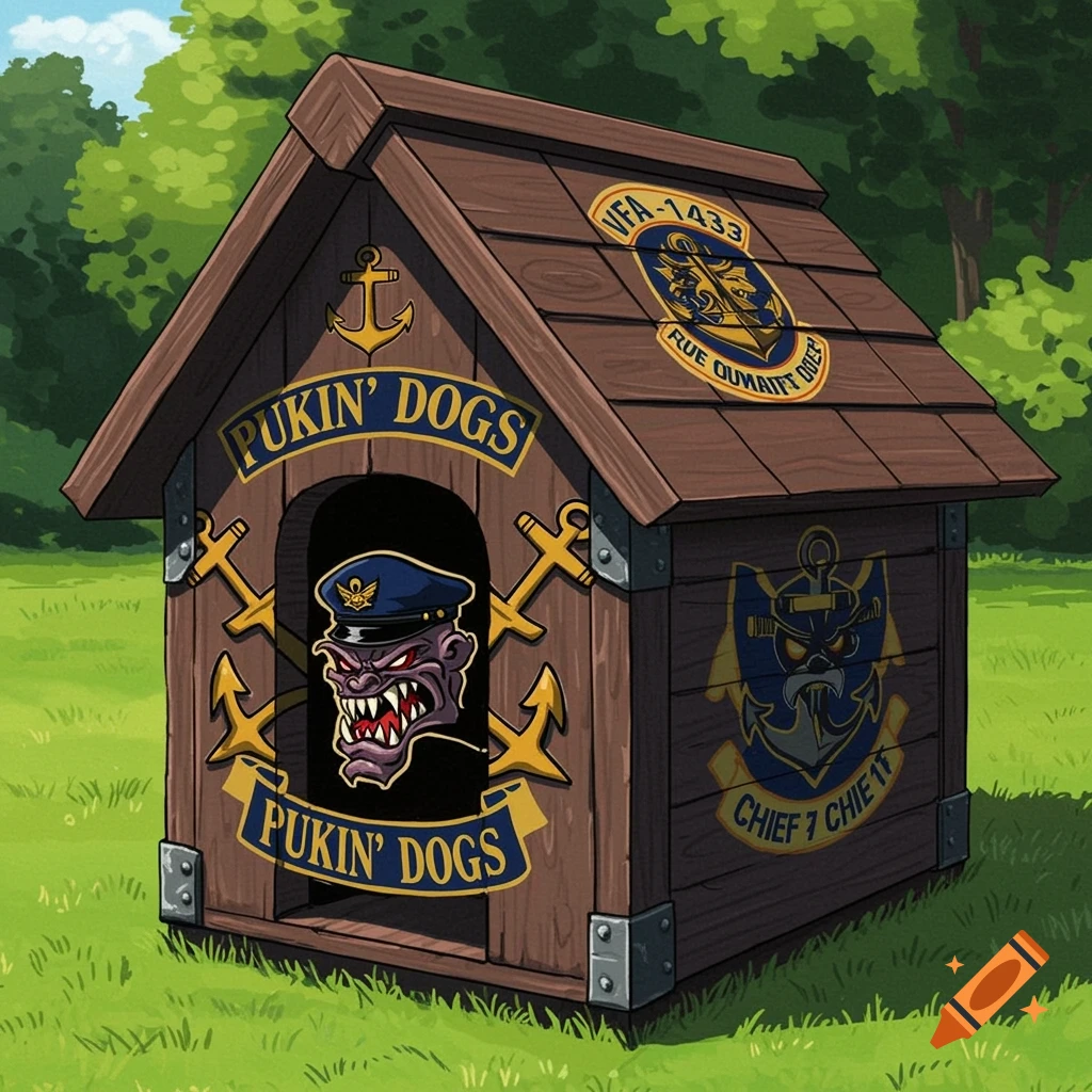 A cartoon illustration of a doghouse with logos, anchors, and a monster face sticking out.
