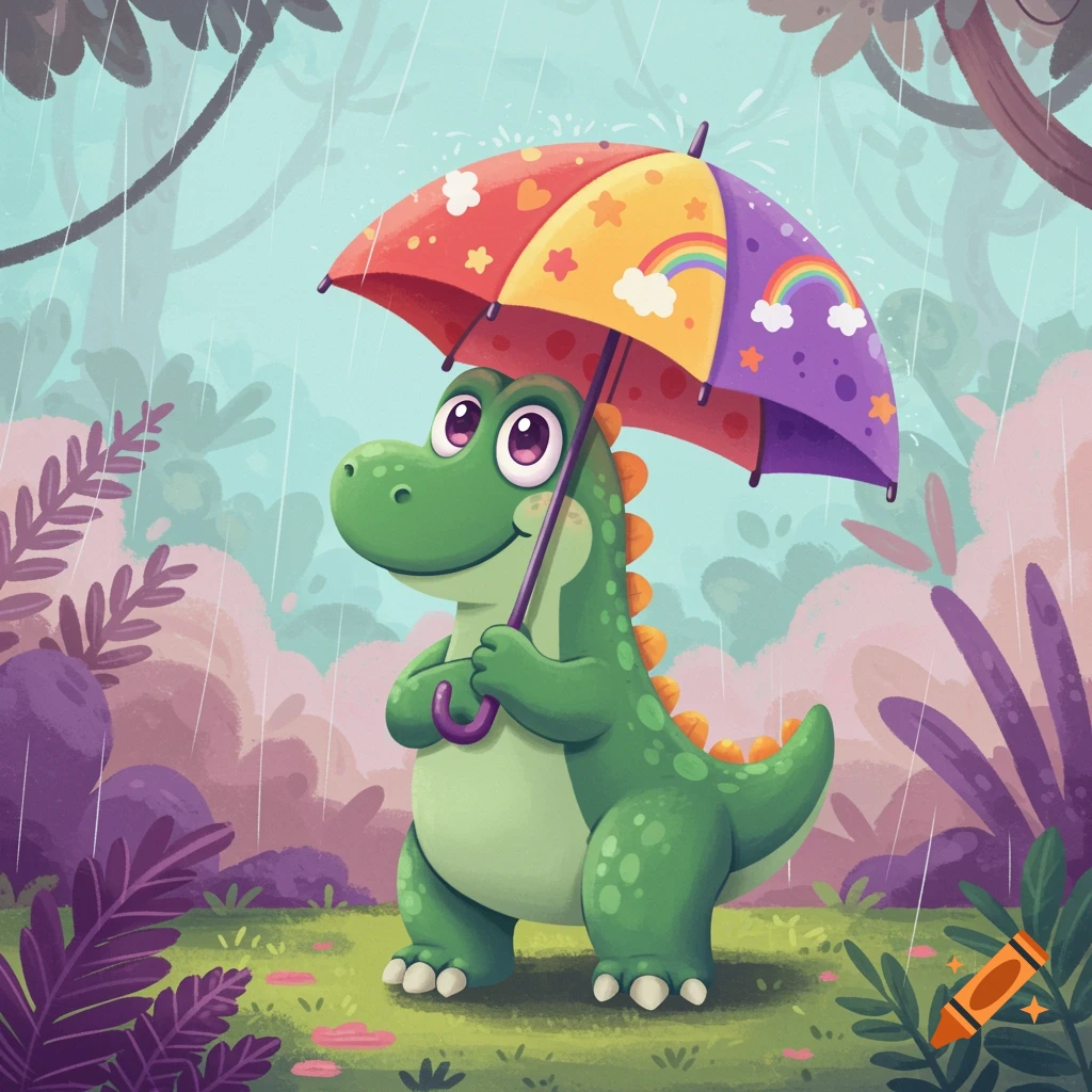 Cartoon dinosaur holds a colorful umbrella in the rain.