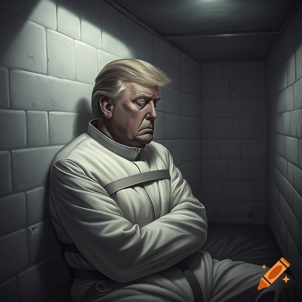 Donald Trump in a straitjacket sits alone in a padded cell, looking down.