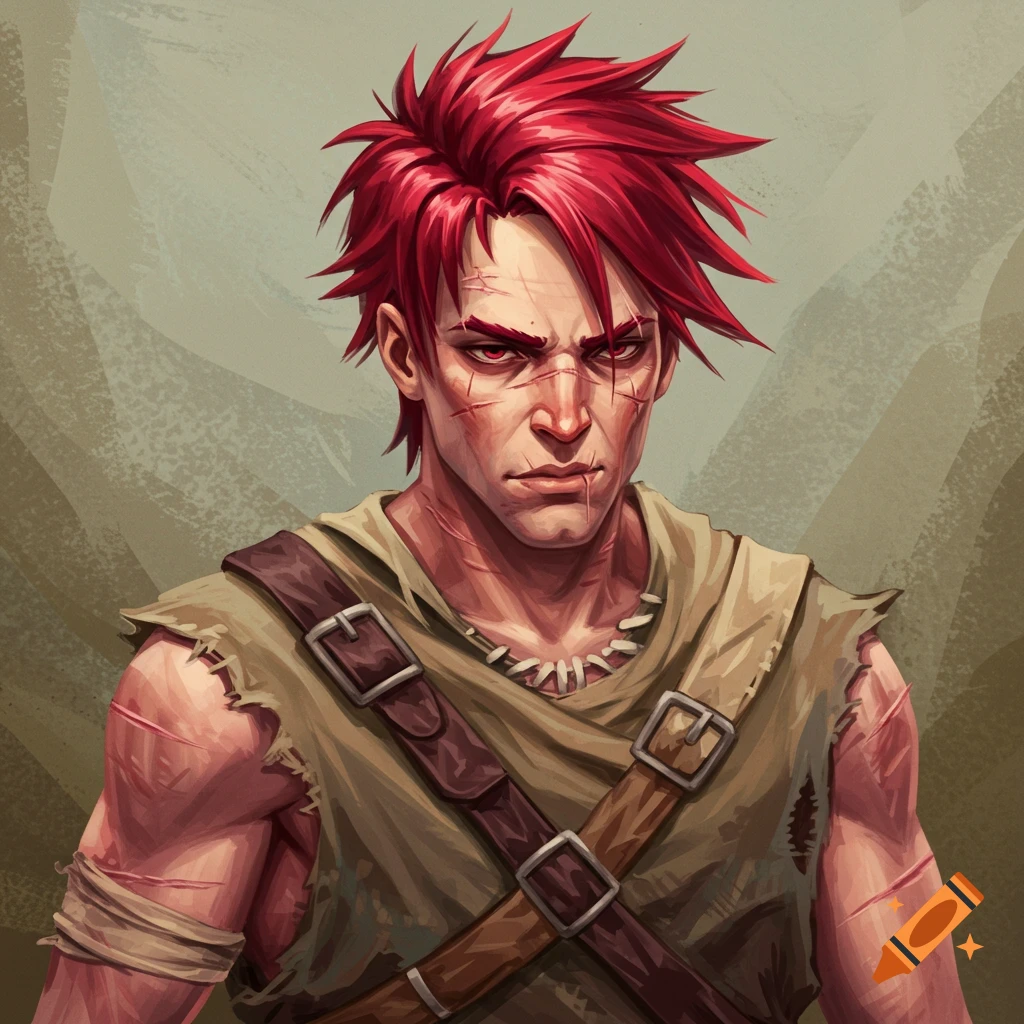 Illustration of a male fantasy character with red spiky hair, scars, and ragged clothes.