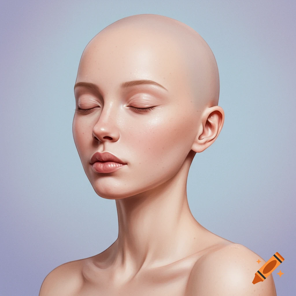 Realistic portrait of a bald woman with closed eyes