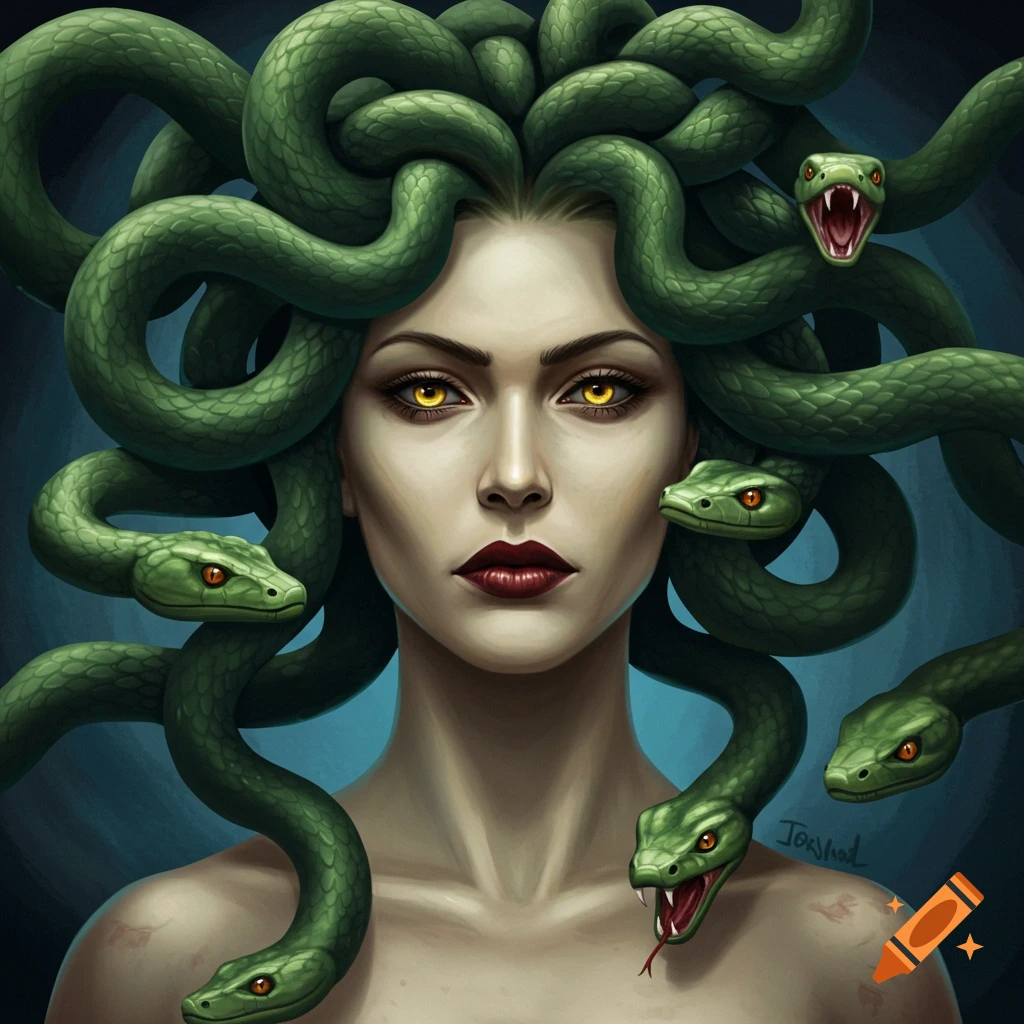A portrait of Medusa with glowing yellow eyes and green snakes for hair.