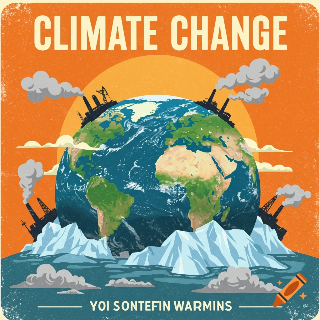 A retro-style poster illustrating climate change, showing the Earth with factories emitting smoke, melting icebergs, and text overlay.