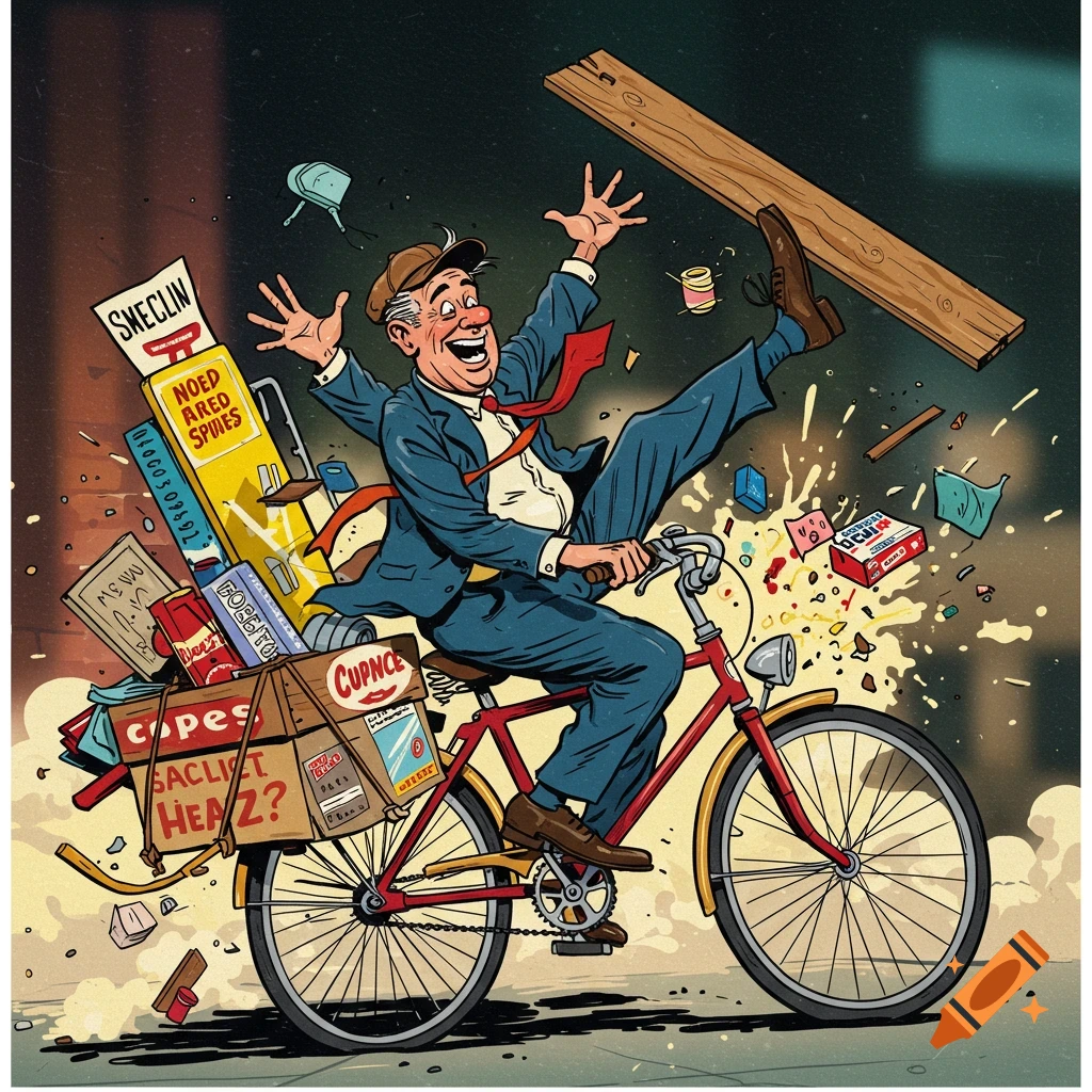 Illustration of a man on a red bicycle falling over and spilling boxes and items after being hit by a wooden board.