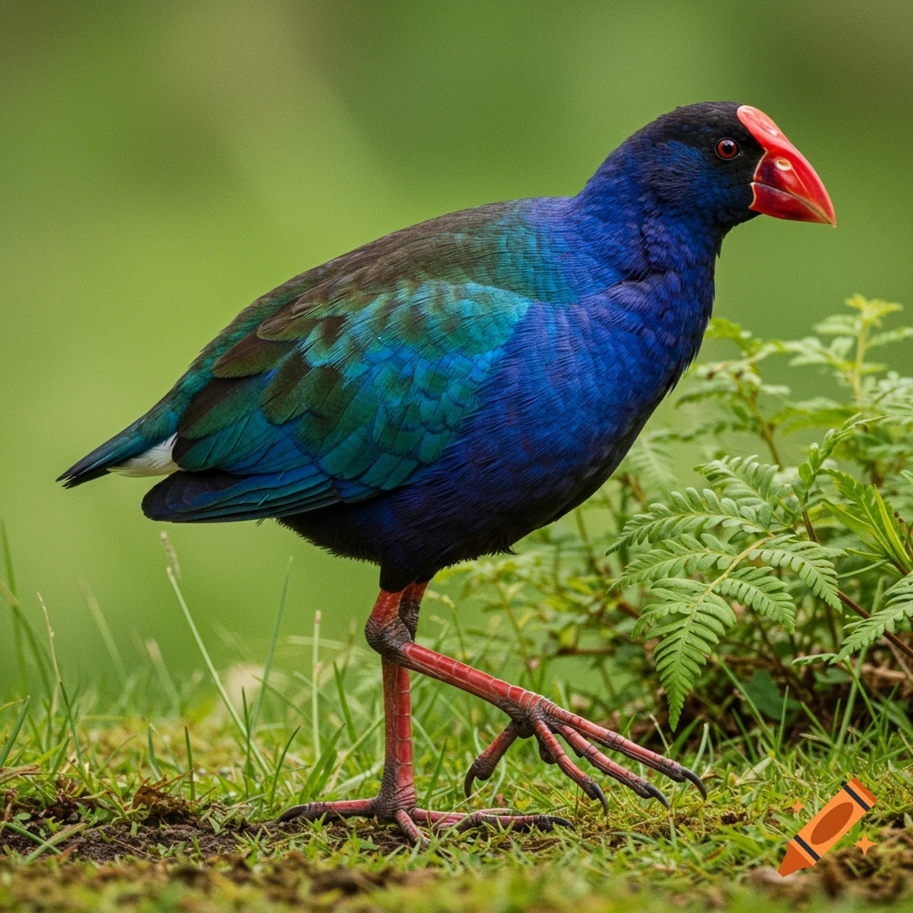 A vibrant blue and green bird with a red beak and legs stands in grass.