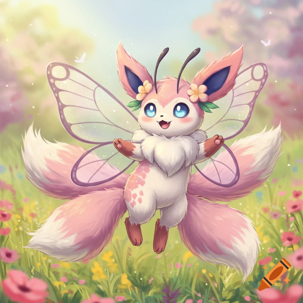 A cute pink and white creature with butterfly wings and four fluffy tails smiles in a field of flowers.